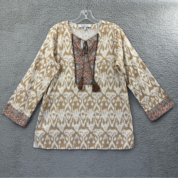 Bella Tu Tops - Bella Tu Long Sleeve‎ Tunic Top V Neck Beige Cotton Beaded Sequin Boho Women's L
